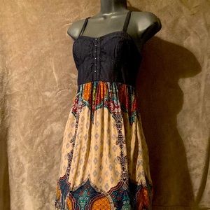 Cute Little Summer Dress Cinched Bust Blue with Orange Green Blue design Small